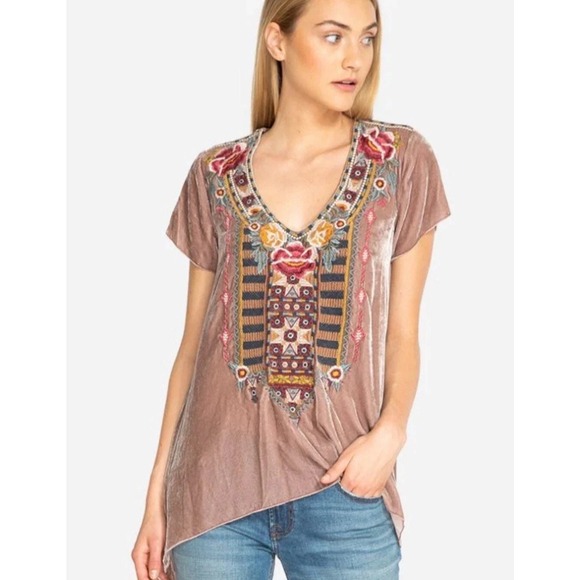 Johnny Was Cherelle Velvet Embroidered Drape Tunic Top Size L Silk Boho Hippie - Picture 15 of 15